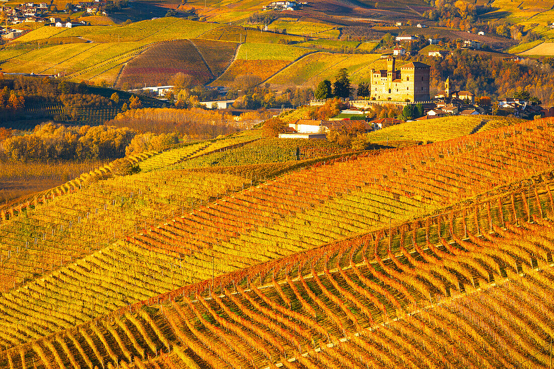 Beautiful view of the Grinzane Cavour Castle and vineyards, on an autumn day, UNESCO World Heritage Site, Cuneo province, Piedmont, Italy, Europe