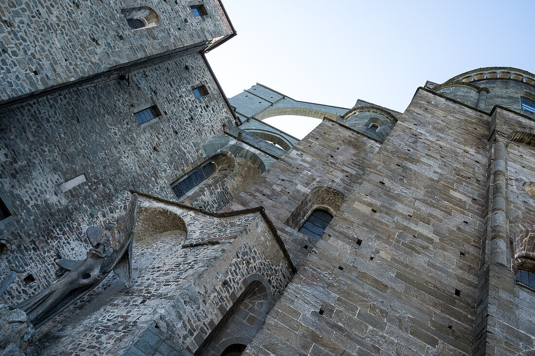 Architectural detail of the Sacra di San Michele, (Saint Michael's Abbey), a religious complex on Mount Pirchiriano, on south side of the Val di Susa, municipality of Sant'Ambrogio di Torino, Metropolitan City of Turin, Piedmont, Italy, Europe