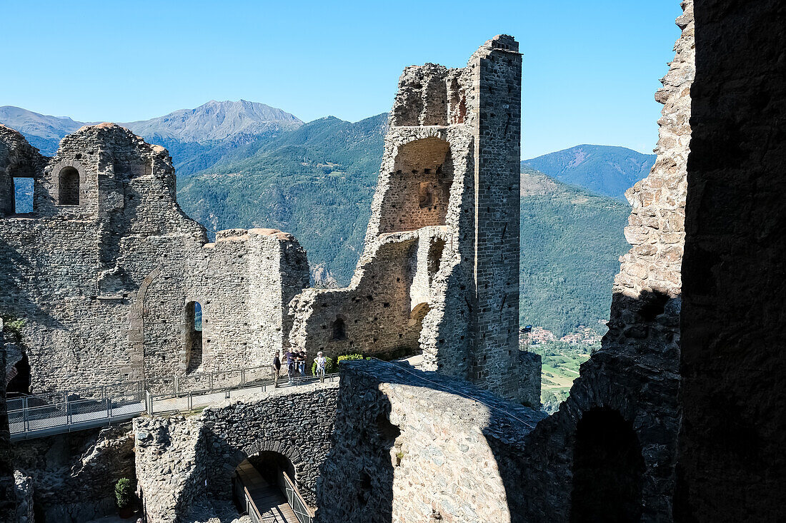 Detail of the Sacra di San Michele, (Saint Michael's Abbey), a religious complex on Mount Pirchiriano, on south side of the Val di Susa, municipality of Sant'Ambrogio di Torino, Metropolitan City of Turin, Piedmont, Italy, Europe