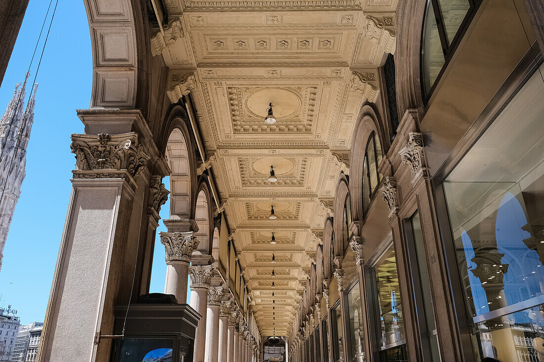 Architectural detail of the Galleria Vittorio Emanuele II, Italy's oldest shopping gallery, Piazza del Duomo, Milan, Lombardy, Italy, Europe