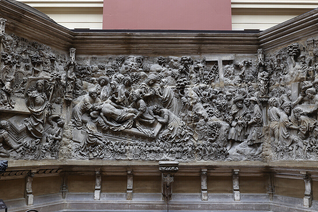 Plaster cast of the Schreyer-Landauer monument funerary memorial by Adam Kraft, about 1460-1509, showing detail of Christ's entombment, Victoria and Albert Museum, Kensington, London, England, United Kingdom, Europe