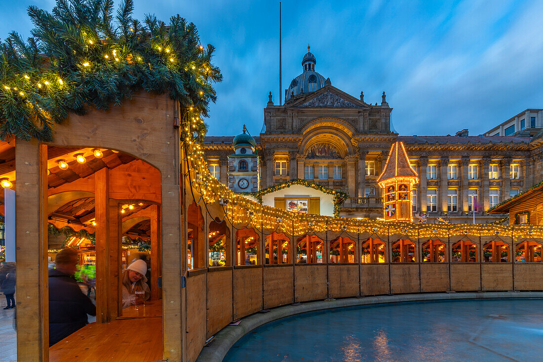 View of Christmas Market stalls in Victoria Square, Birmingham, West Midlands, England, United Kingdom, Europe