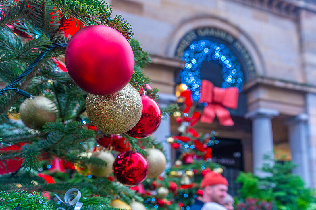 Blick auf die Weihnachtsdekoration auf der Piazza, Covent Garden, London, England, Vereinigtes Königreich, Europa