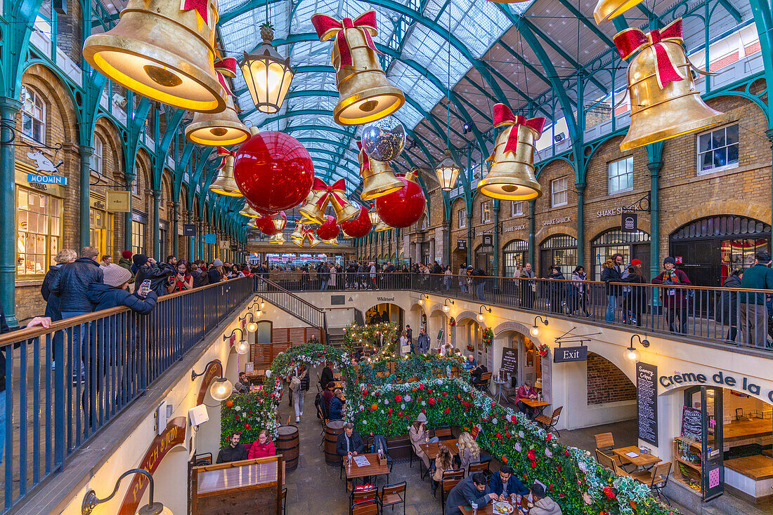 View of Christmas decorations in the Apple Market, Covent Garden, London, England, United Kingdom, Europe