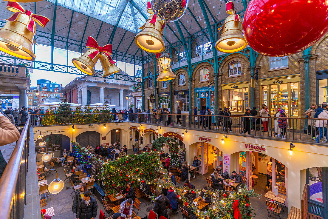 View of Christmas decorations in the Apple Market, Covent Garden, London, England, United Kingdom, Europe