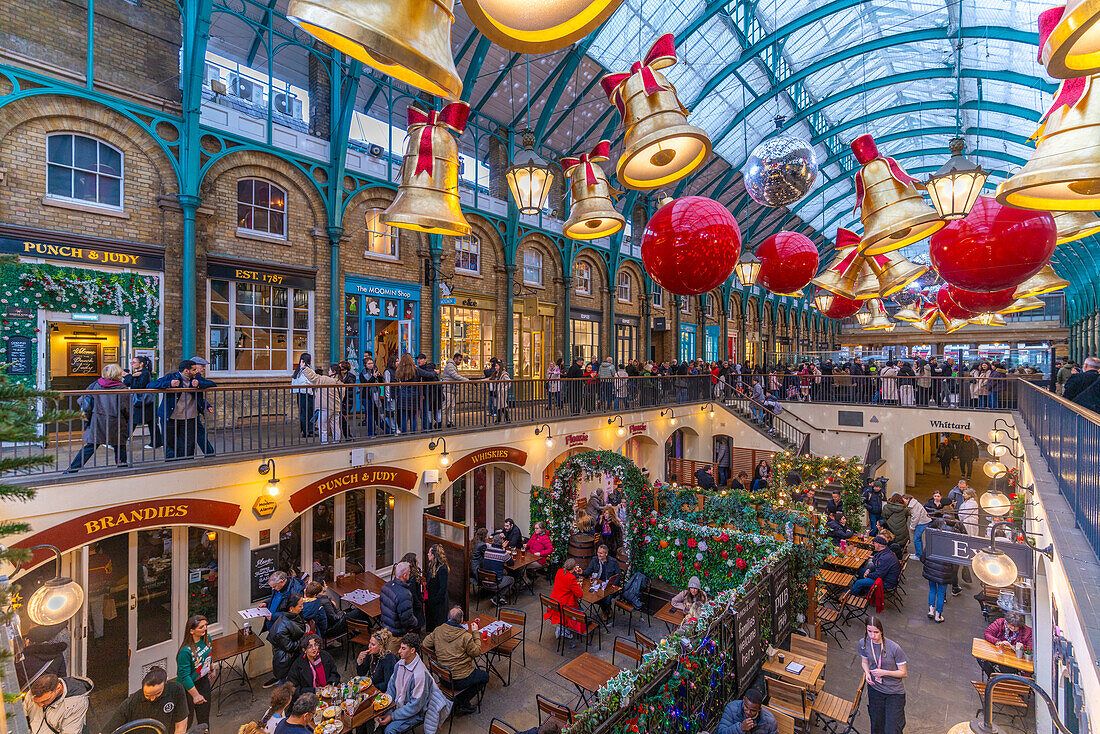 View of Christmas decorations in the Apple Market, Covent Garden, London, England, United Kingdom, Europe