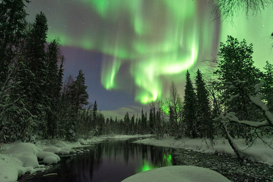 Northern Lights (Aurora Borealis) reflecting in the calm water of a river, starry clear sky above the forest covered with snow, Akaslompolo, Pallas-Yllastunturi National Park, Kolari municipality, Finnish Lapland, Finland, Europe