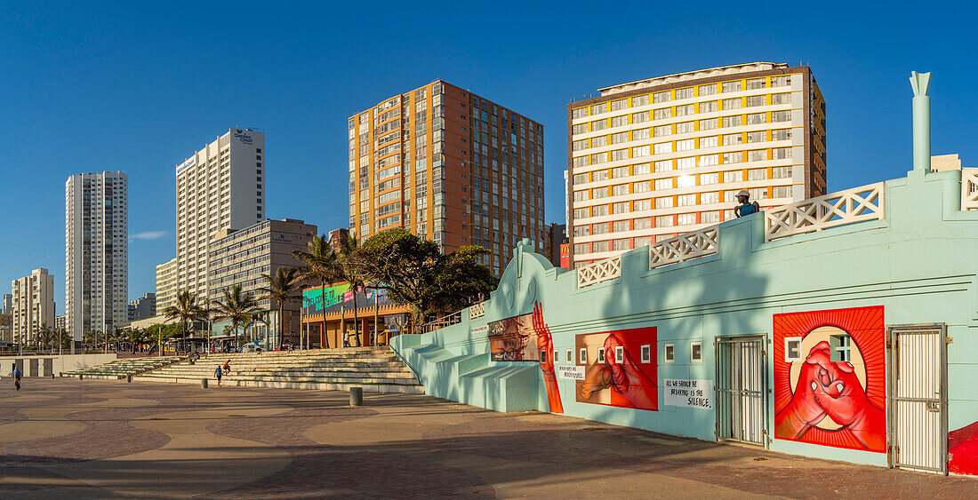 View of promenade, colourful wall art and hotels, Durban, KwaZulu-Natal Province, South Africa, Africa