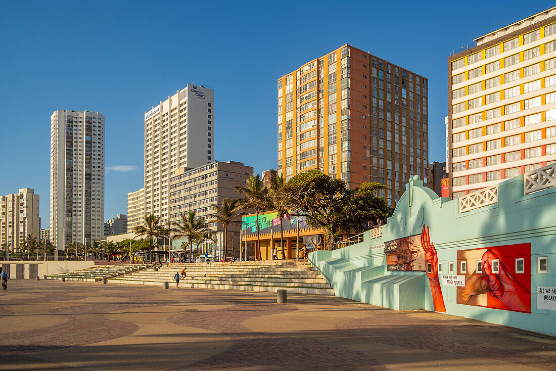 View of promenade, colourful wall art and hotels, Durban, KwaZulu-Natal Province, South Africa, Africa