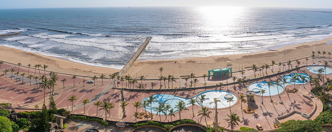 Elevated view of beaches, promenade and Indian Ocean, Durban, KwaZulu-Natal Province, South Africa, Africa