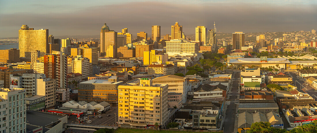 Elevated view of Durban city skyline at sunrise, Durban, KwaZulu-Natal Province, South Africa, Africa