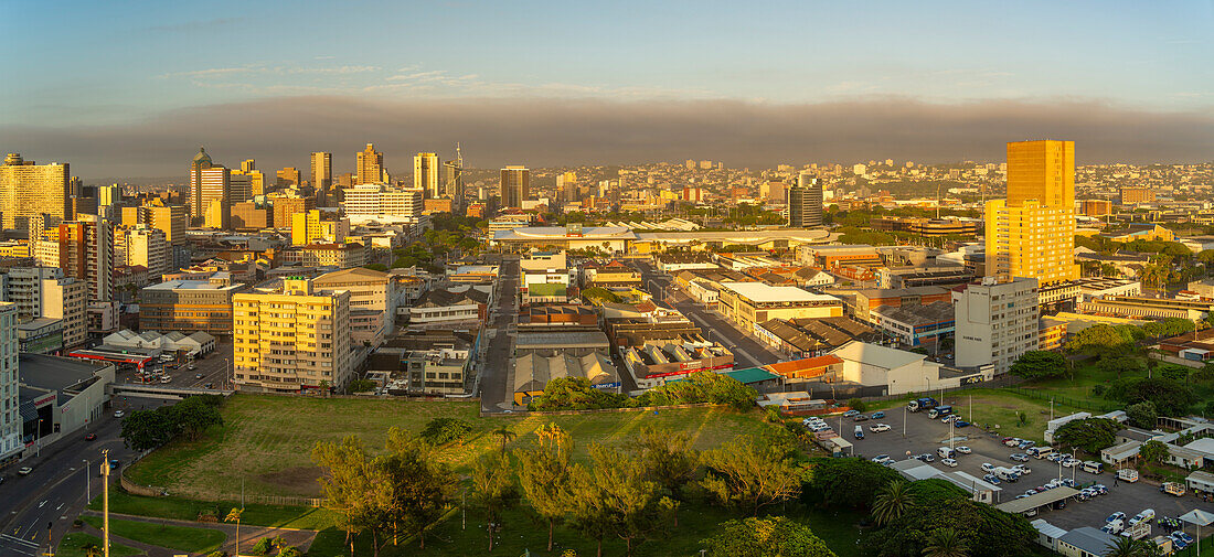 Elevated view of Durban city skyline at sunrise, Durban, KwaZulu-Natal Province, South Africa, Africa