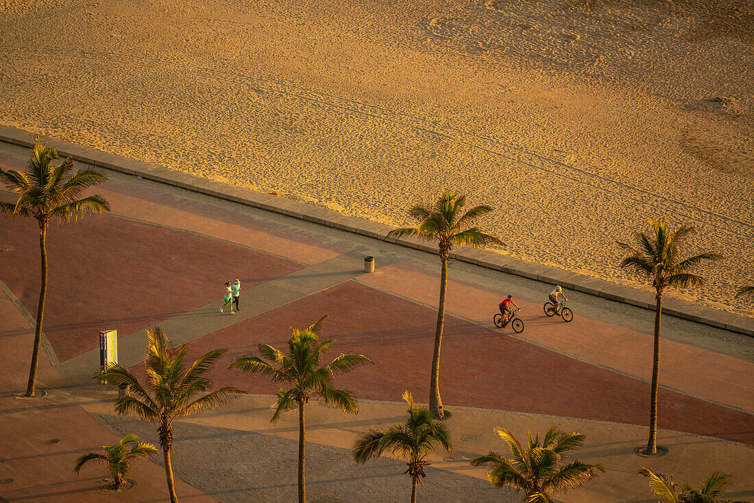 Elevated view of beaches and promenade at sunrise, Durban, KwaZulu-Natal Province, South Africa, Africa