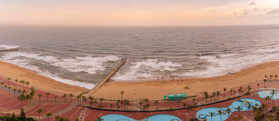 Elevated view of beaches, promenade and Indian Ocean, Durban, KwaZulu-Natal Province, South Africa, Africa