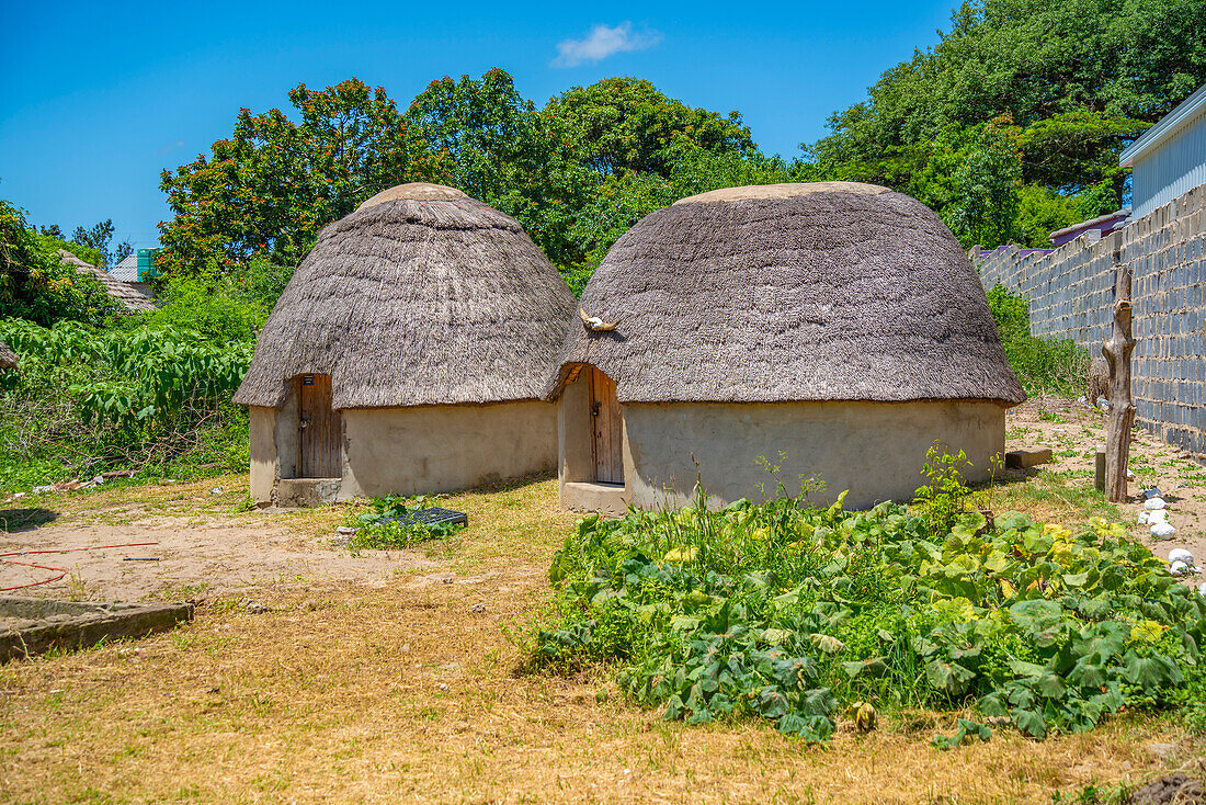 Blick auf Strohdachhäuser im traditionellen Zulu-Dorf, Veyane Cultural Village, Khula, Khula Village, Provinz KwaZulu-Natal, Südafrika, Afrika