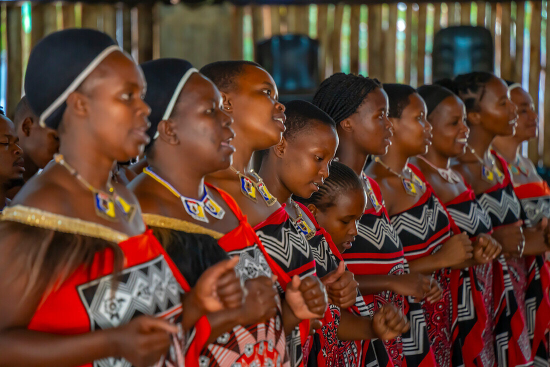 Blick auf eine Swazi-Musik- und Tanzaufführung, Mantenga Cultural Village, eine traditionelle Siedlung in Eswatini, Malkerns, Eswatini, Afrika