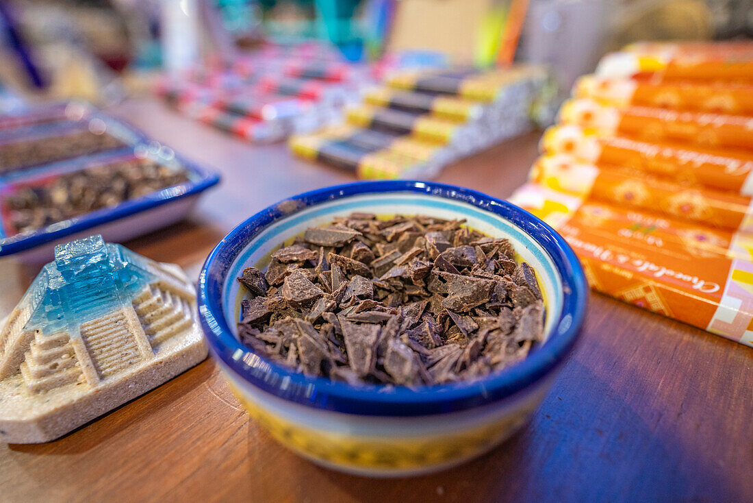 View of Mexican chocolate tasting dishes, Hotel Zone, Cancun, Caribbean Coast, Yucatan Peninsula, Mexico, North America