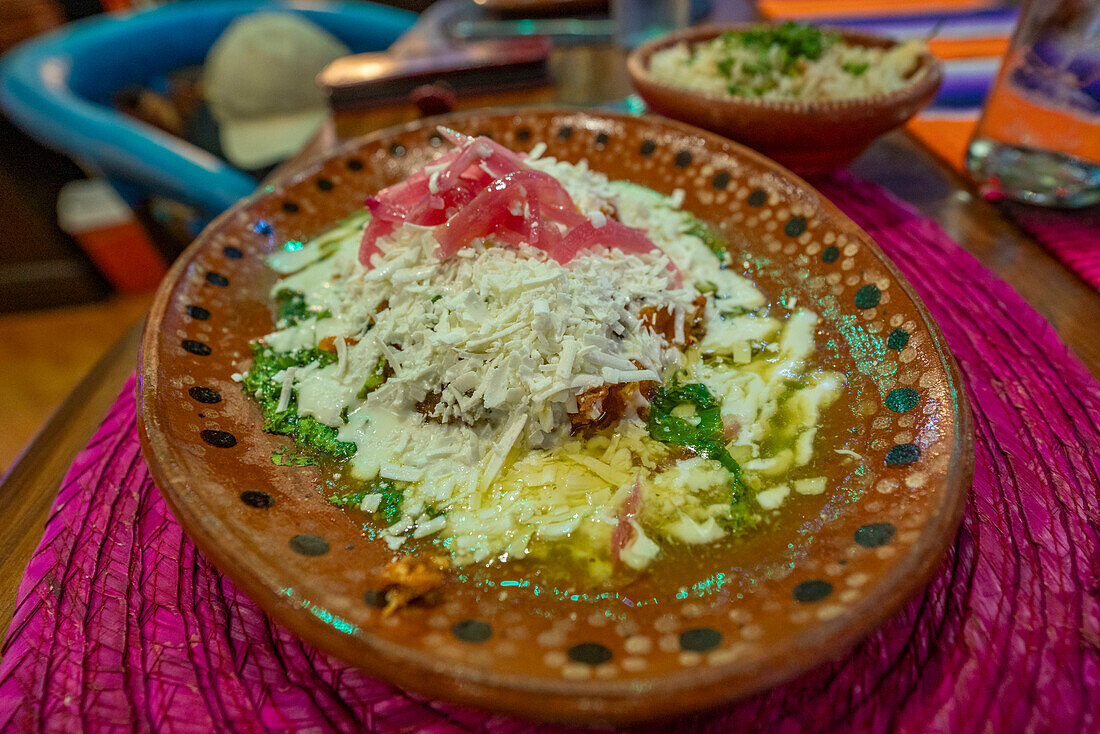 View of chilies stuffed with cheese in restaurant, Hotel Zone, Cancun, Caribbean Coast, Yucatan Peninsula, Mexico, North America