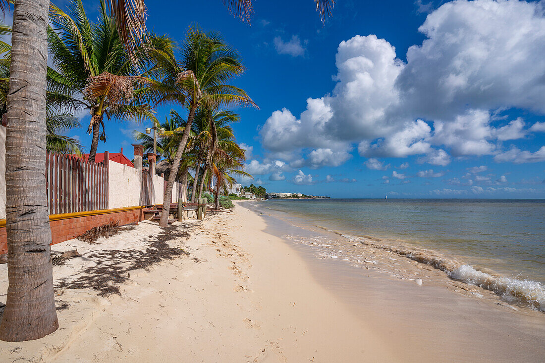 Blick auf Strand bei Puerto Morelos, Karibikküste, Halbinsel Yucatan, Mexiko, Nordamerika