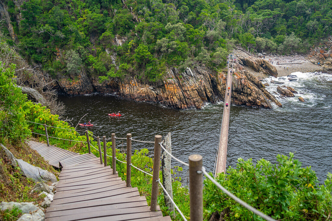 Blick auf Hängebrücke am Storms River, Tsitsikamma National Park, Garden Route National Park, Südafrika, Afrika