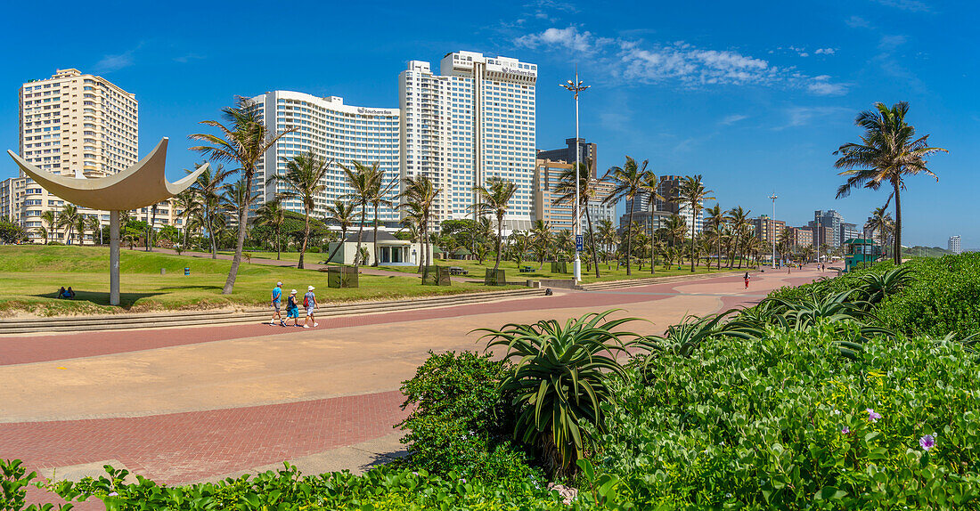 Blick auf Sträucher an der Promenade und Hotels, Durban, Provinz KwaZulu-Natal, Südafrika, Afrika