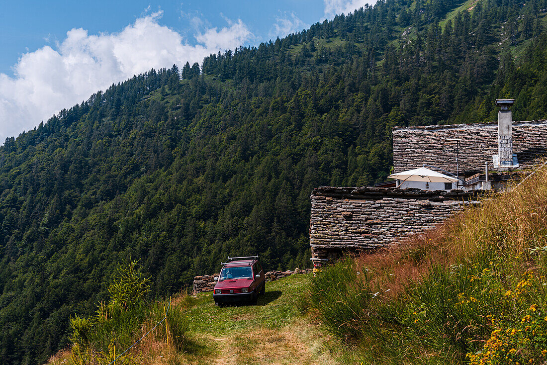 Alpine life, stone huts with an old car on mountain slopes and forest, Italian Alps, Italy, Europe