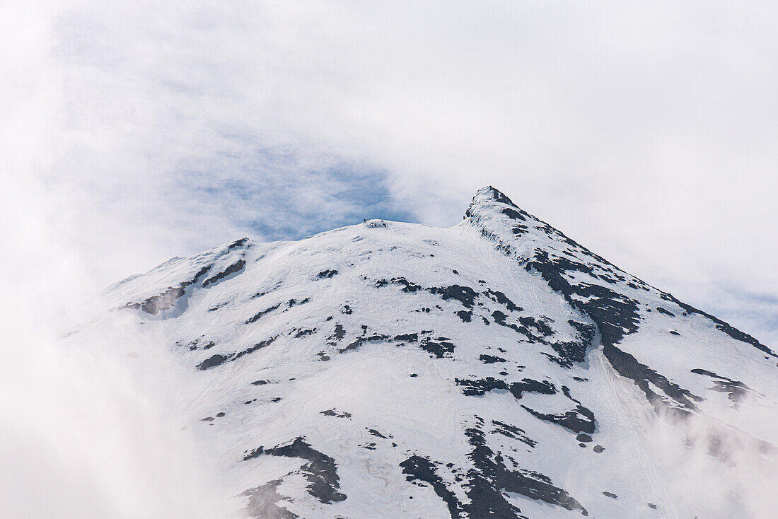 Close up of the snowy summit of the volcano, Mount Taranaki, North Island, New Zealand, Pacific