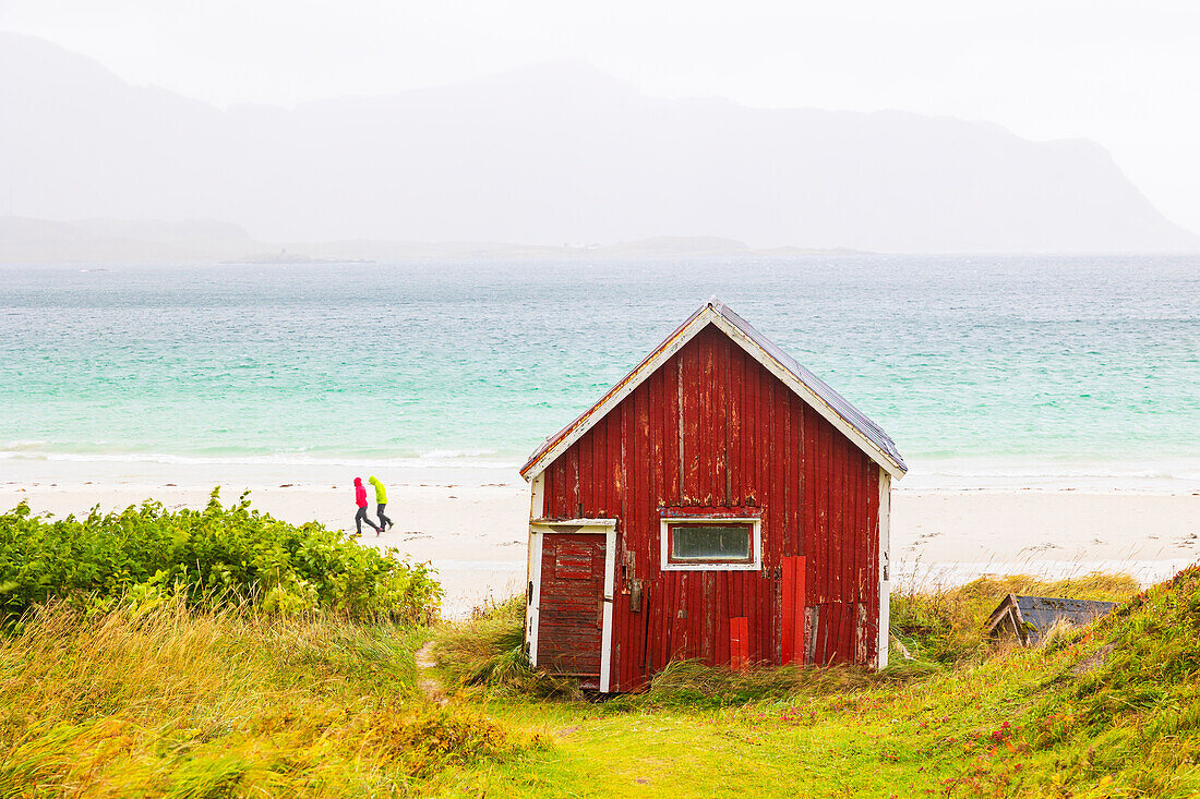 Two people walking on Ramberg beach on an autumn day, with a famous cabin in foreground, Lofoten Islands, Nordland, Norway, Scandinavia, Europe