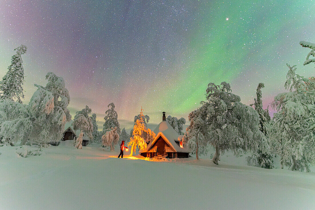 Hiker with lantern beside a mountain hut exlores the snowy forest under Northern Lights (Aurora Borealis), Pallas-Yllastunturi National Park, Muonio, Finnish Lapland, Finland, Scandinavia, Europe