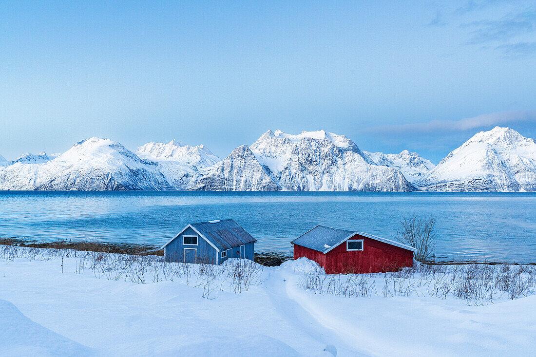 Zwei farbenfrohe Rorbu stehen am Ufer des tief verschneiten Fjordes mit verschneiten Bergen im Hintergrund im Winter, Djupvik, Olderdalen, Lyngenfjord, Lyngen Alps, Troms og Finnmark, Norwegen, Skandinavien, Europa