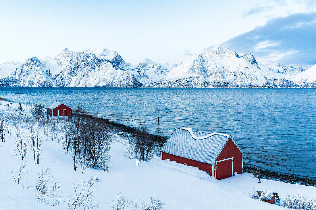 Blick von oben auf typische rote Rorbu am Ufer des Fjords, umgeben von schneebedeckten Gipfeln am Morgen, Djupvik, Olderdalen, Lyngenfjord, Lyngen Alps, Troms og Finnmark, Norwegen, Skandinavien, Europa