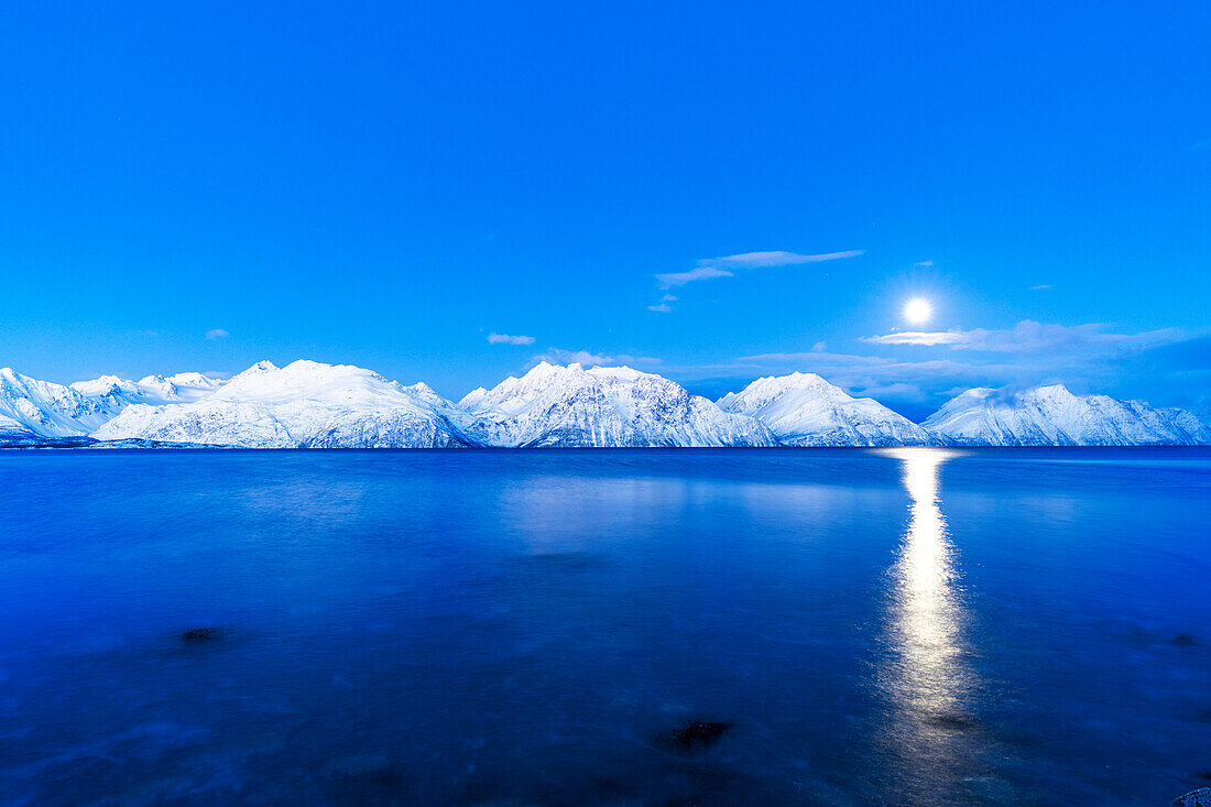 Vollmond über verschneiten Gipfeln in der arktischen Landschaft, die sich im kalten Wasser des Fjords in der Abenddämmerung spiegeln, Lyngenfjord, Lyngen Alps, Troms og Finnmark, Norwegen, Skandinavien, Europa