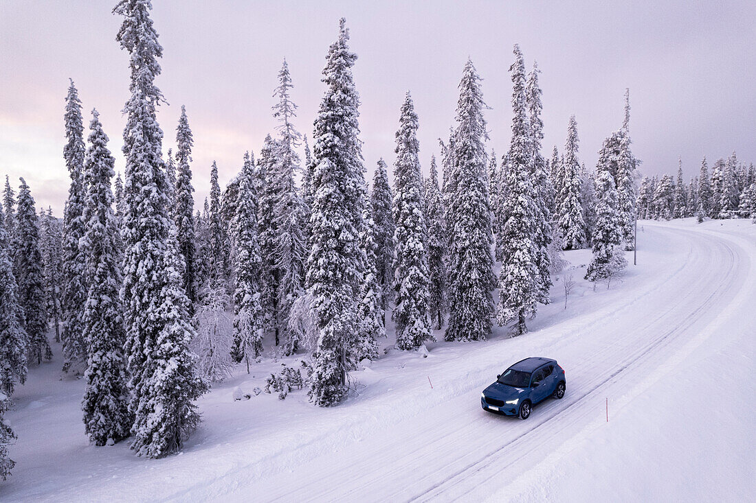 Aerial shot of a car driving across snow-capped forest in the Arctic landscape of Finnish Lapland, Pallas-Yllastunturi National Park, Muonio, Finland, Scandinavia, Europe