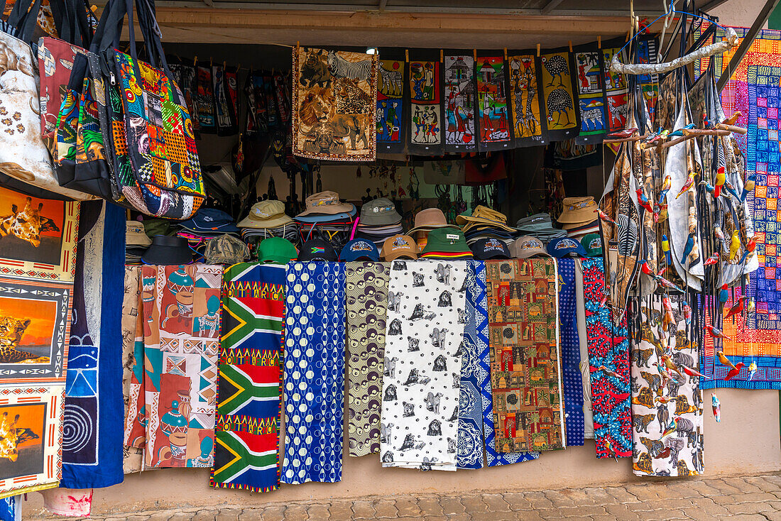 View of colourful souvenirs in Moremela village at Bourke's Luck Potholes, Blyde River Canyon Nature Reserve, Moremela, Mpumalanga Province, South Africa, Africa