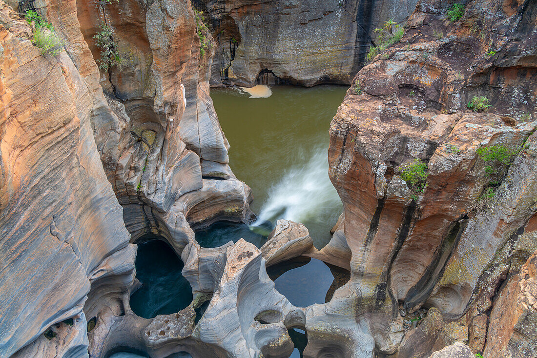 Blick auf einen Komplex aus glatten, zylindrischen Schlaglöchern und natürlichen Felsskulpturen bei Bourke's Luck Potholes, Blyde River Canyon Nature Reserve, Moremela, Mpumalanga Province, Südafrika, Afrika