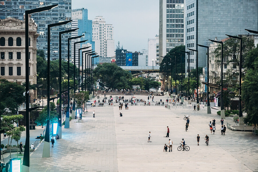 High perspective view of people and financial buildings at Vale Do Anhangabau, Sao Paulo, Brazil, South America