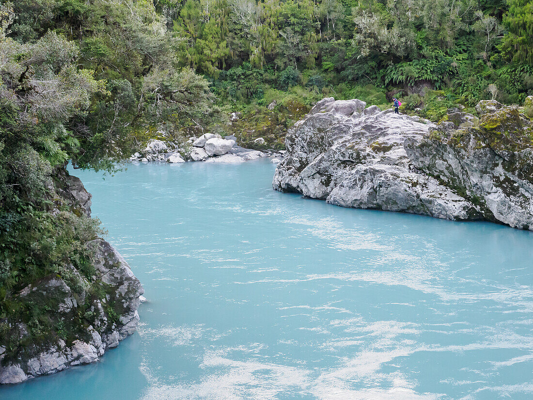 Das erstaunlich blaue Gletscherwasser in der Hokitika-Schlucht, Westküste, Südinsel, Neuseeland, Pazifik