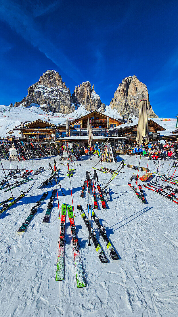 Restaurant below Langkofel (Sassolungo), South Tyrol, Dolomites, Italy, Europe