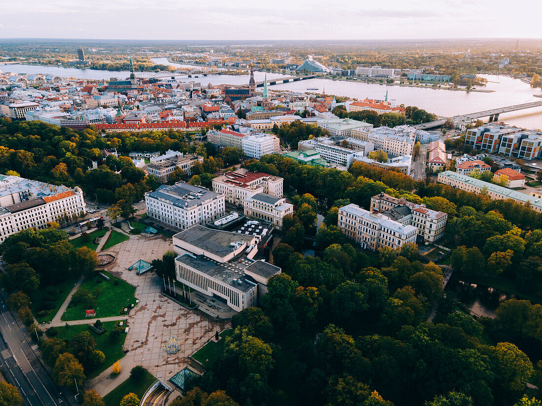 Aerial drone sunset view of Riga Old Town (Vecriga) Riga, Latvia, Europe