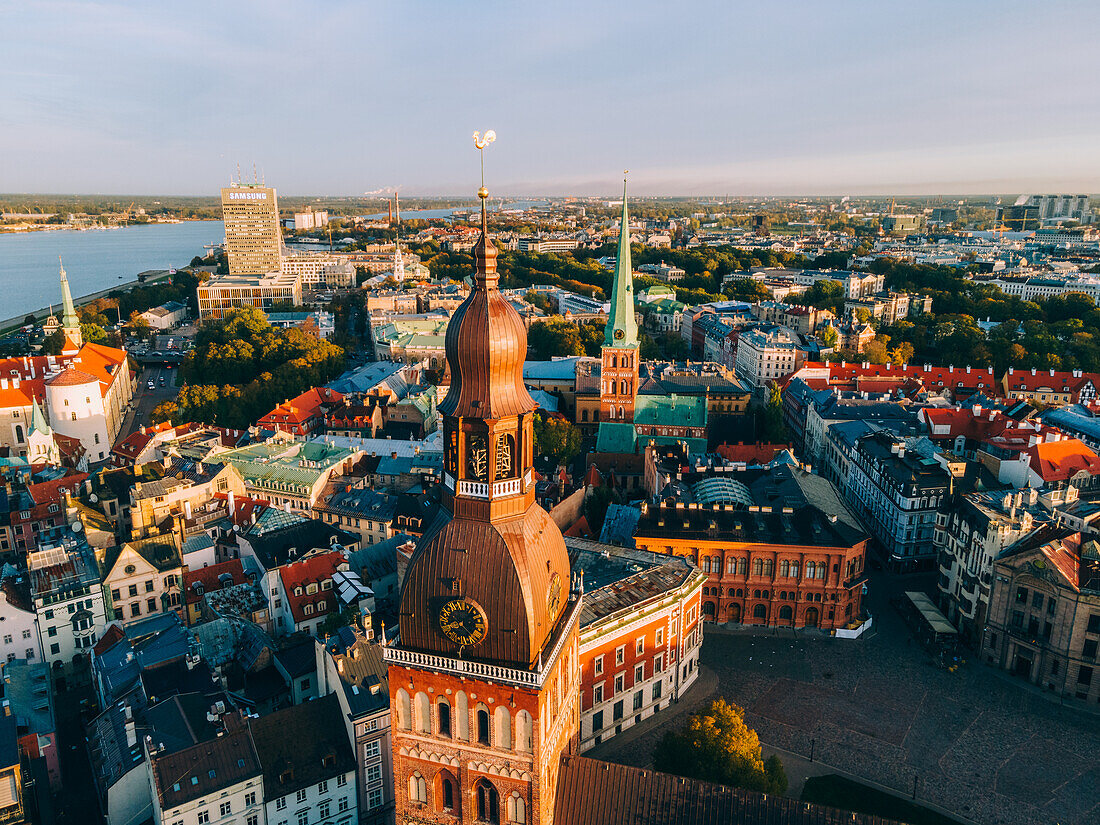 Aerial drone sunrise view of Riga's Cathedral in Riga Old Town (Vecriga), UNESCO World Heritage Site, Riga, Latvia, Europe