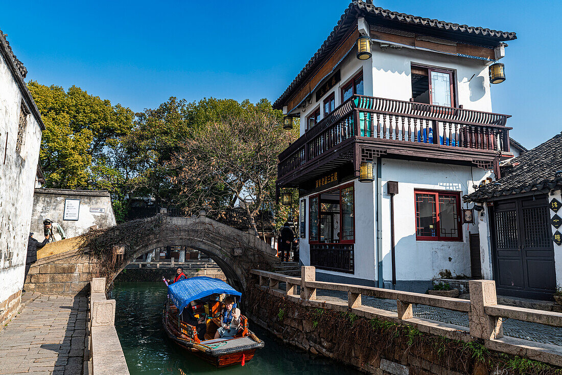 Little boat on a channel in Zhouzhuang water town, Jiangsu, China, Asia