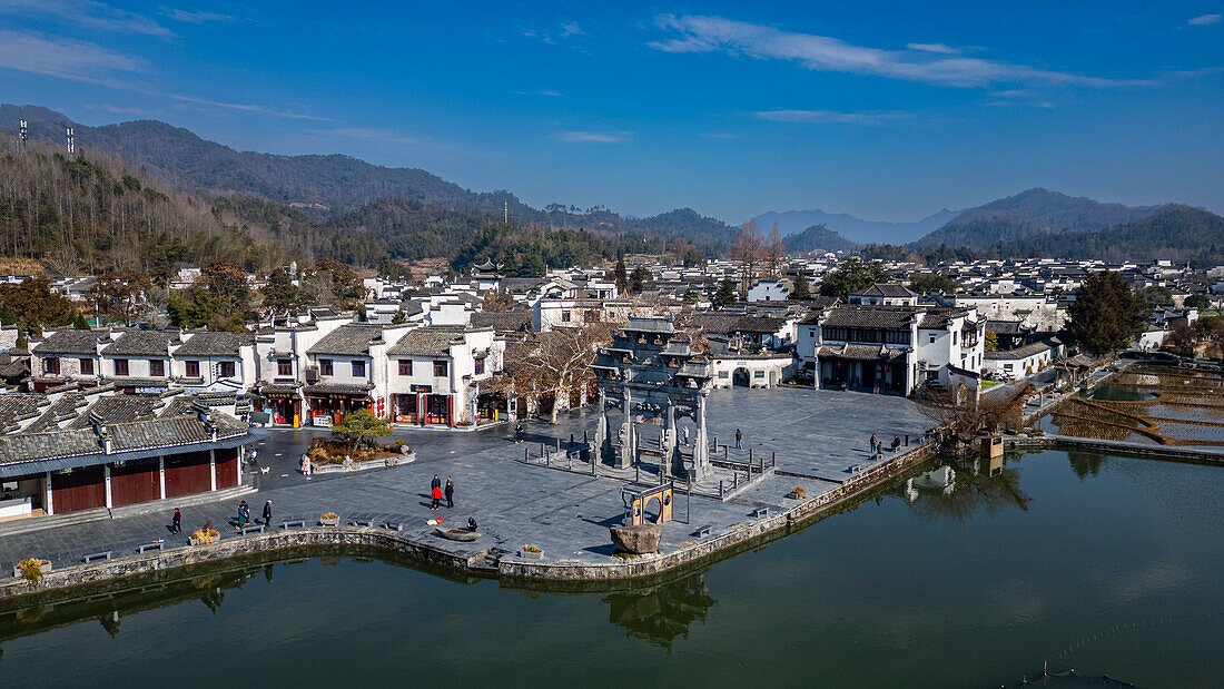 Aerial of Xidi historic ancient village, UNESCO World Heritage Site, Xidi, Anhui, China, Asia