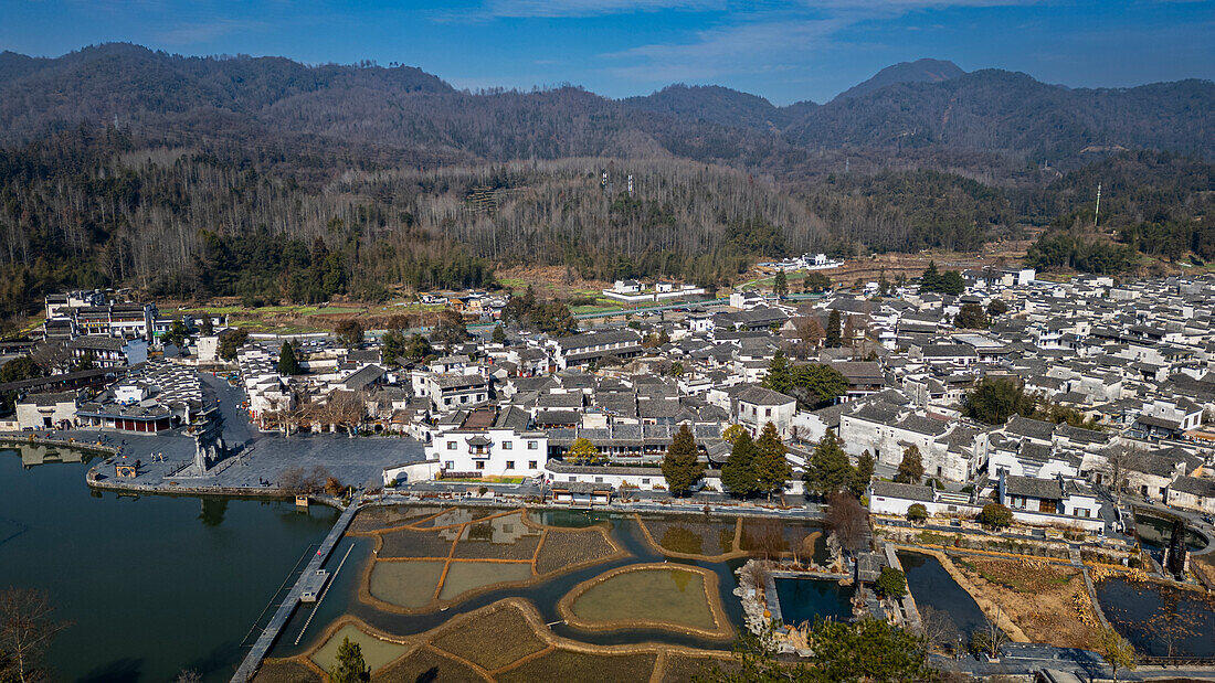 Aerial of Xidi historic ancient village, UNESCO World Heritage Site, Xidi, Anhui, China, Asia