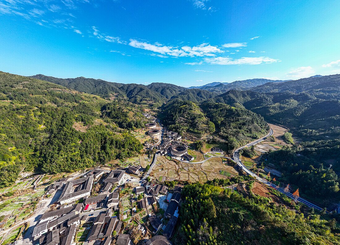 Panorama des Hekeng Fujian Tulou, UNESCO-Welterbestätte, ländliche Behausung der Hakka, Fujian, China, Asien