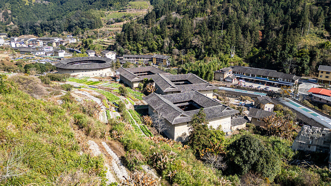 Aerial of the Yuchang Fujian Tulou, rural dwelling of the Hakka, Fujian, China, Asia