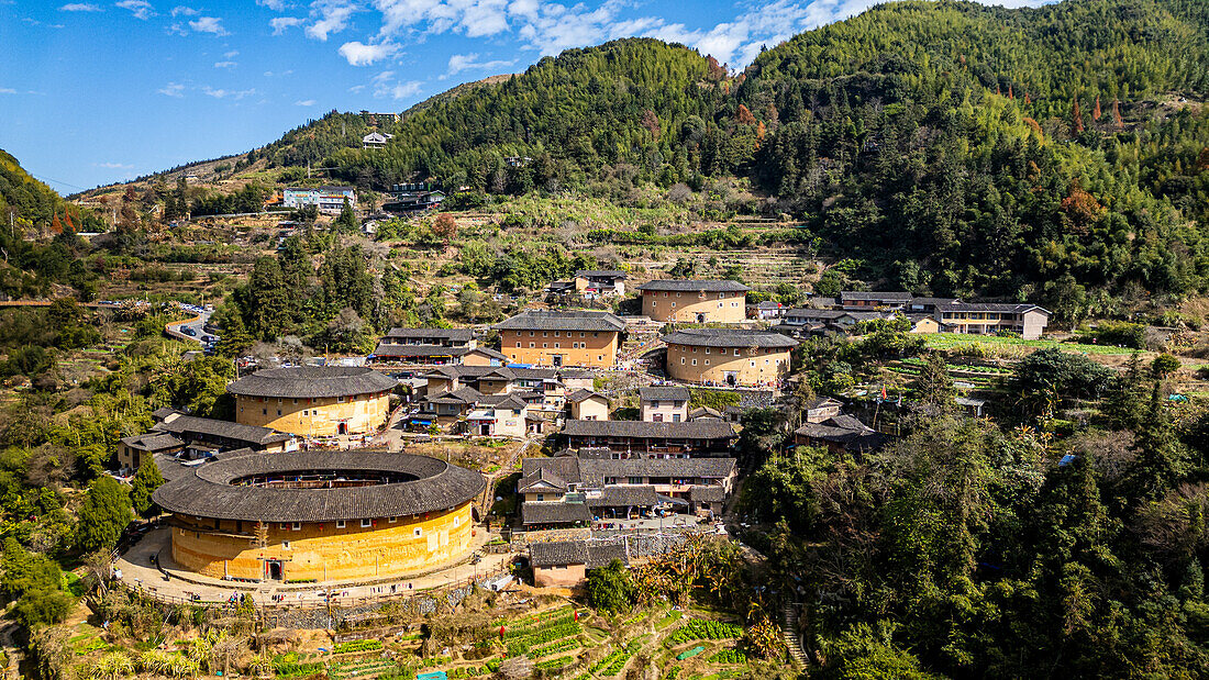 Aerial of Tianluokeng, UNESCO World Heritage Site, Fujian Tulou, rural dwelling of the Hakka, Fujian, China, Asia