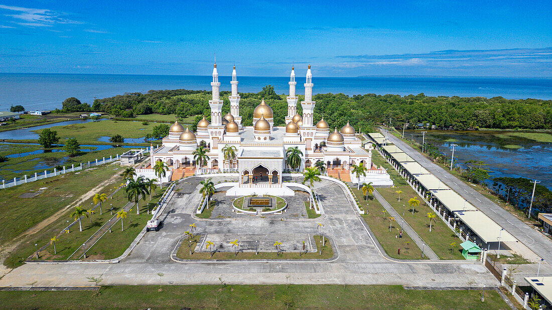 Aerial of Sultan Hassanal Bolkiah Masjid, Cotabato City, Bangsamoro Autonomous Region in Muslim Mindanao, Philippines, Southeast Asia, Asia