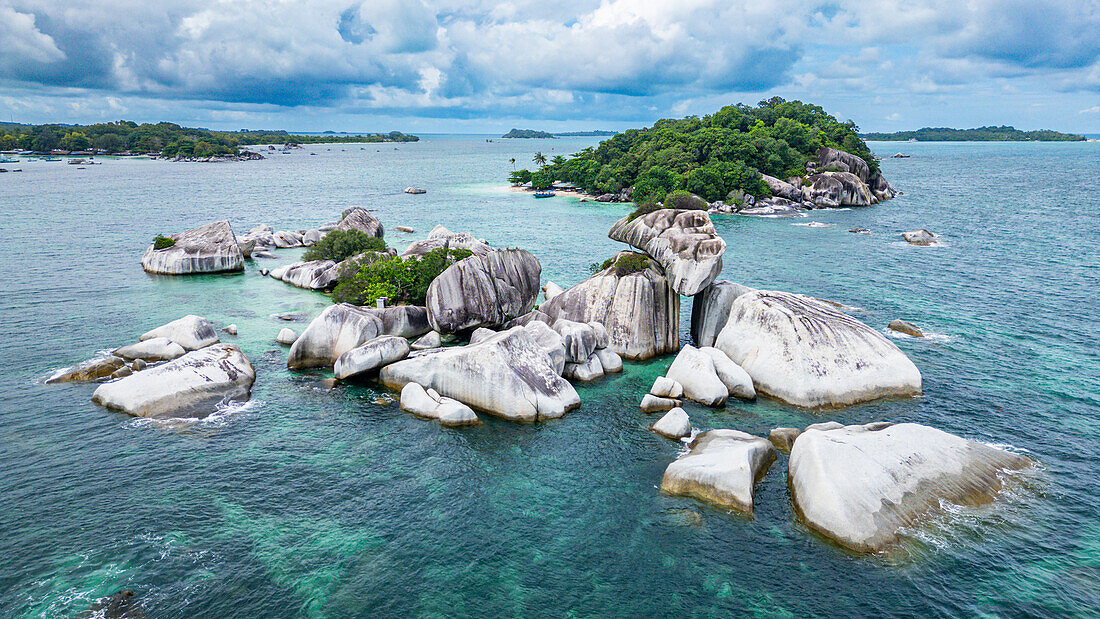 Aerial of Pulau Kelayang, Belitung island off the coast of Sumatra, Indonesia, Southeast Asia, Asia