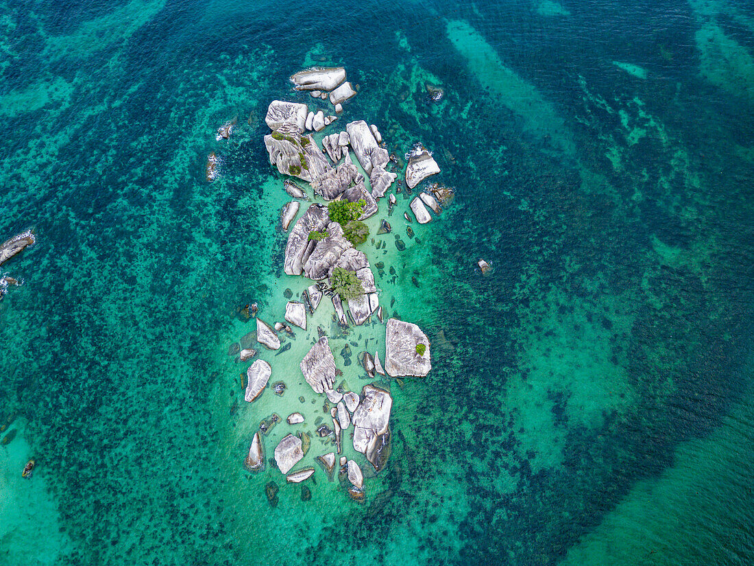 Aerial of the Batu Garuda granite rock formation, Belitung island off the coast of Sumatra, Indonesia, Southeast Asia, Asia