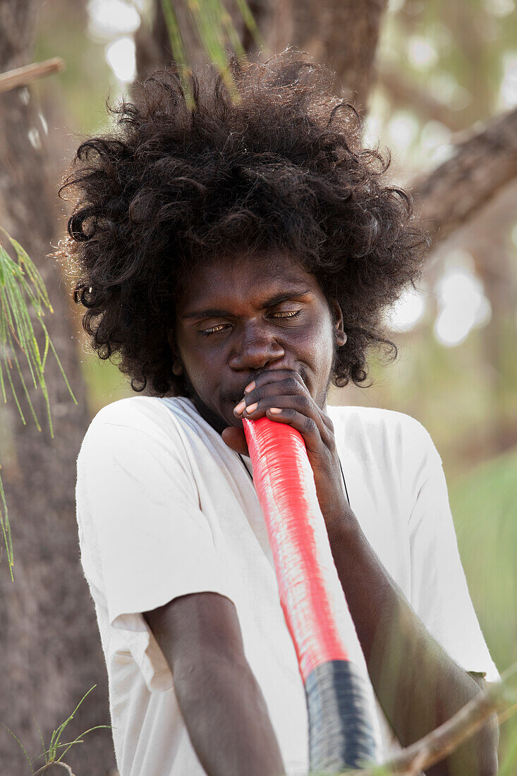 Aboriginal songwriter, dancer, playing didgeridoo, Bukudal Homeland, East Arnhem Land,Northern Territory, Australia, Pacific